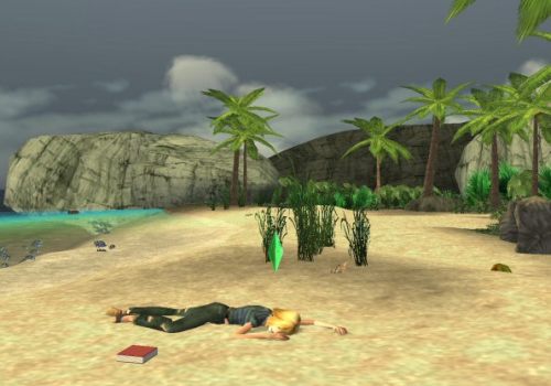 A screenshot! Image of a shipwrecked Sim in The Sims 2 Castaway