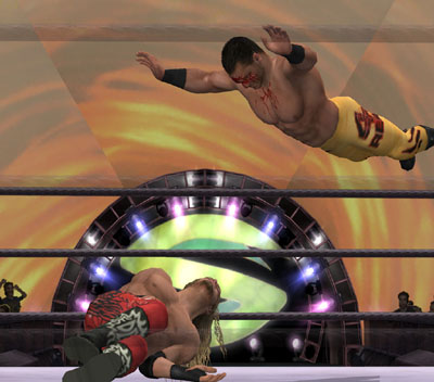Een diving heatbutt van Chris Benoit tijdens Summerslam