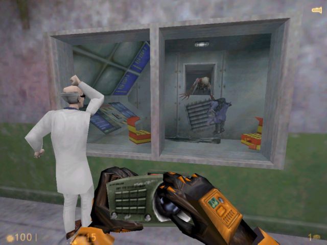 Een typische scne in Half-Life: iemand wordt voor je ogen vermoord zonder dat je er wat aan kon doen.