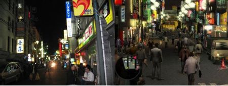 Links een foto van een beruchte Yakuza-straat, rechts de game