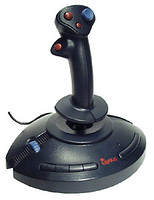 Een joystick. Opvallend is de verticale vorm van de stuurknuppel.