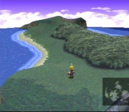 De Overworld in Final Fantasy VII. Zie hoe Cloud over het bos heen kan kijken.