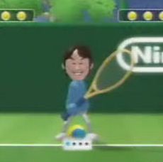 Miyamoto op de tennisbaan in Wii Sports