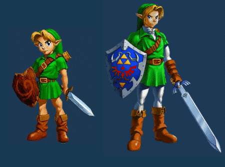 Link, zowel klein als groot, uit The Legend of Zelda: Ocarina of Time