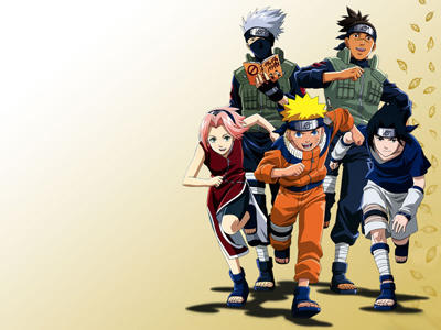 Sakura, Naruto en Sasuke met op de achtergrond Kakashi en Iruka