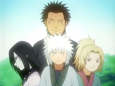 Orochimaru, Jiraiya en Tsunade op jonge leeftijd met de Sandaime Hokage